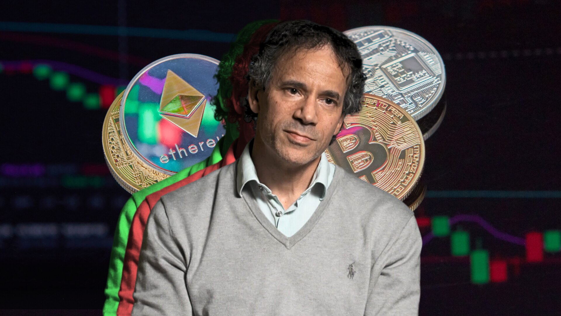 Composite image of a main in a grey sweater with stock charts and cryptocurrency coins behind him.