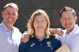 Shane Warne (left) holds a cricket ball, Alex Blackwell (centre) holds a bat, and Ricky Ponting (right).