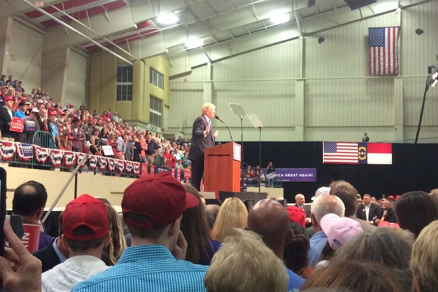 Donald Trump speaks before a rally of supporters in Concord, North Carolina.