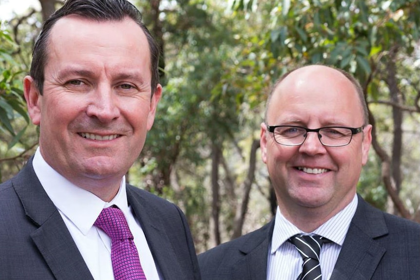 WA Premier Mark McGowan standing smiling at the camera next to Darling Range MP Barry Urban