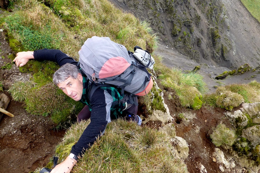 Keith Springer looking for bunnies on Macquarie Island