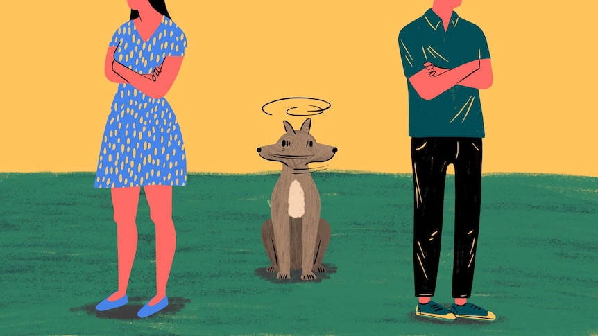 Illustration of dog sitting between two owners looking spun out to depict the complexity of pet custody after a breakup.
