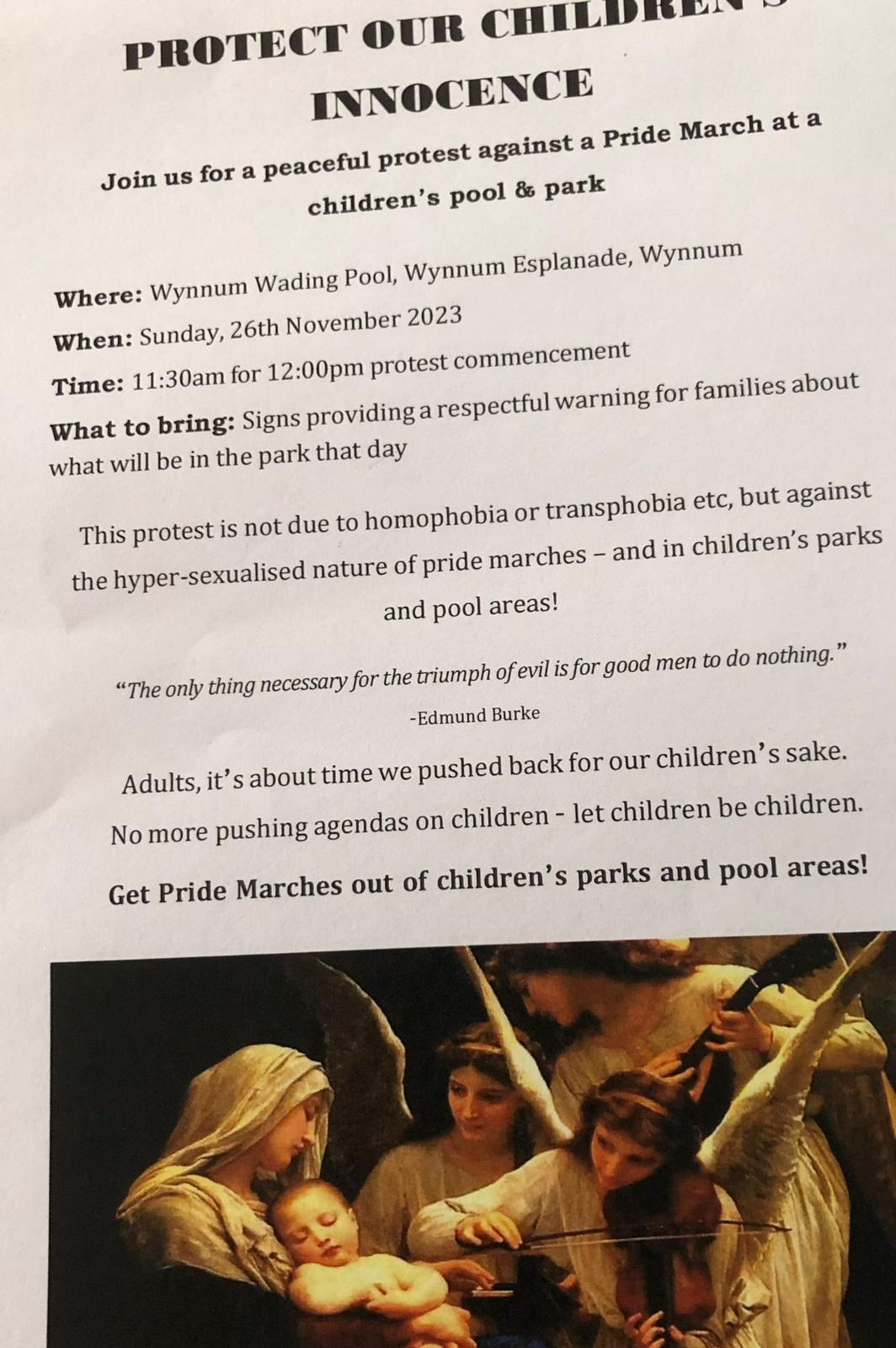 a text-heavy flyer featuring religious imagery calling on people to protest against a pride march in wynnum