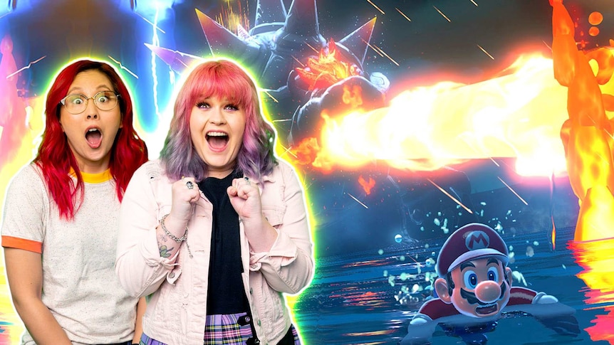 Rad & Gem are excited against a background of Bowser firing flames at a scared Mario