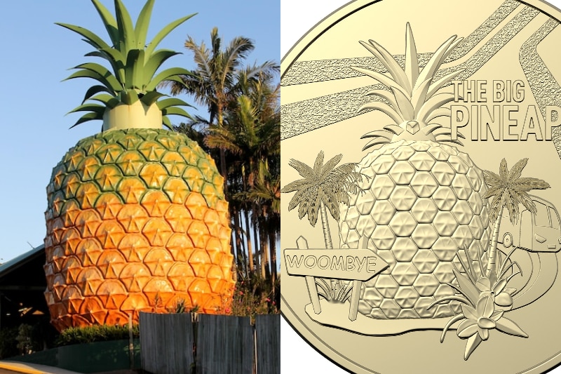 A giant pineapple sculpture beside a gold coin featuring a pineapple. 