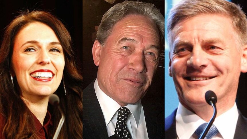 A composite photograph shows Jacinda Ardern, Winston Pete and Bill English