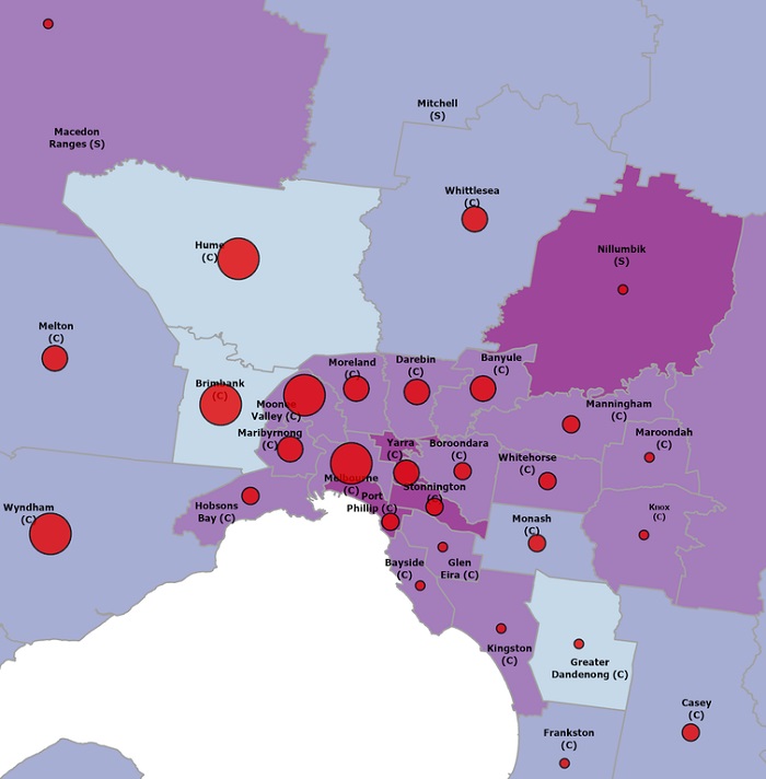 A map of Melbourne showing blocks of different shades of purple and red dots of different sizes.