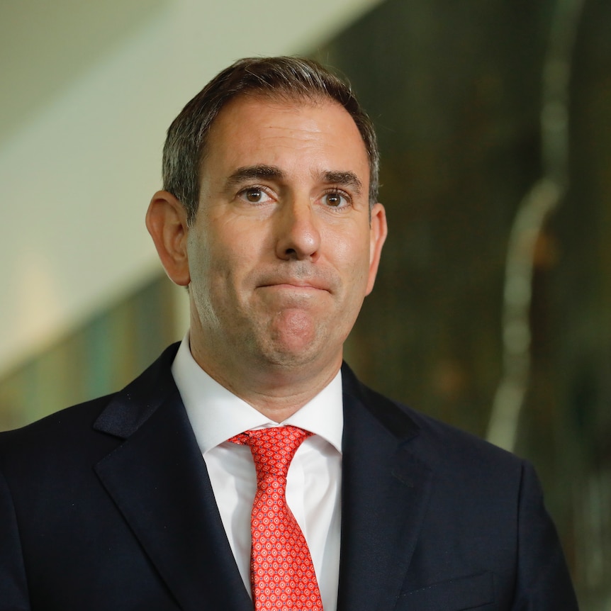 Jim Chalmers at a press conference with his mouth closed.