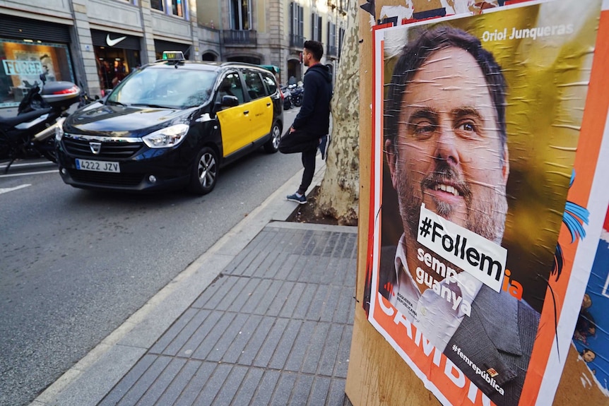 A poster of Oriol Junqueras in Barcelona ahead of the Catalan regional election.