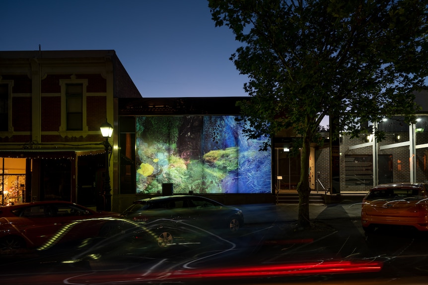 An image of a yellow and blue light mural on a building, taken from across the road.