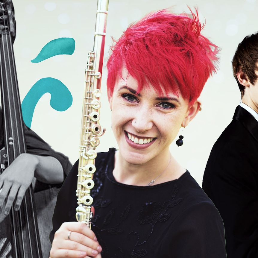 A composite image of three musicians - a double bassist, a flautist with red hair, and a violinist