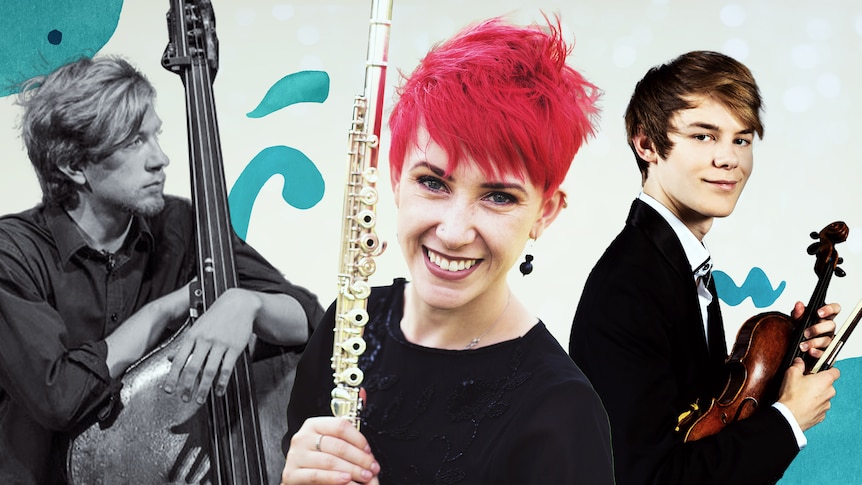 A composite image of three musicians - a double bassist, a flautist with red hair, and a violinist