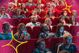 Shot of people sitting in a movie theatre in red seats, some sipping drinks, with cartoon stars and pink colouring over the top