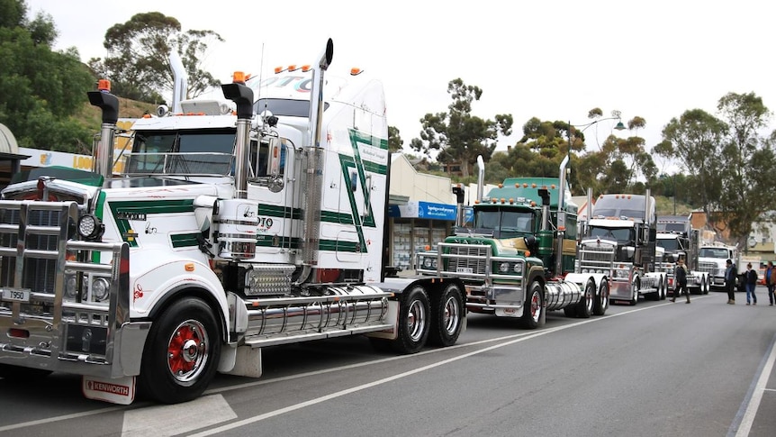 large trucks parked on the road back-to-back