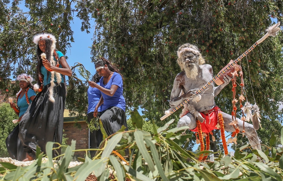 Aboriginal elder Gali Yalkarriwuy Gurruwiw dancesi with his granddaughter Sasha Mulungunhawuy Yumbulul