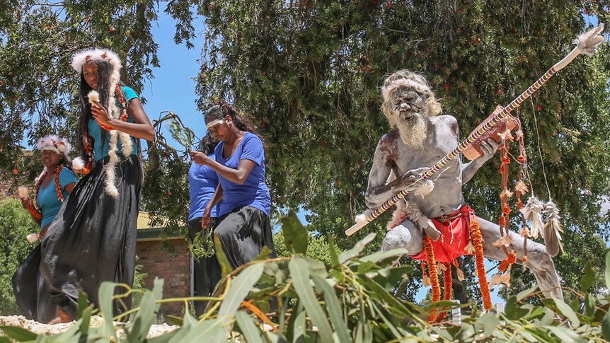 Aboriginal elder Gali Yalkarriwuy Gurruwiw dancesi with his granddaughter Sasha Mulungunhawuy Yumbulul