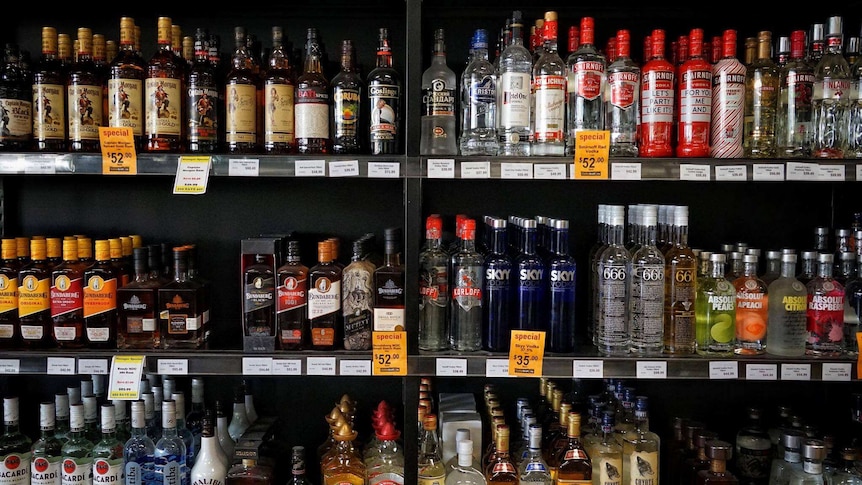 Shelves of alcohol in a bottle shop