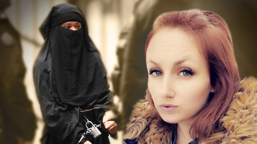 A composite image of a woman in a burqa and handcuffs and a woman in a fur jacket
