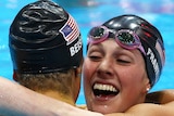 USA's Elizabeth Beisel congratulates compatriot Missy Franklin on winning the 200m backstroke final.