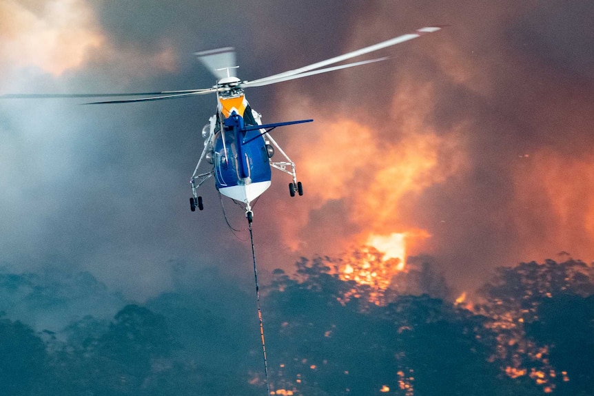 A blue and white helicopter flied above burning bushland.