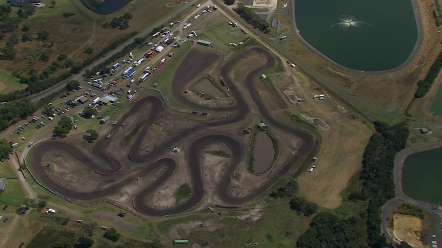 An aerial view of the Wonthaggi Motocross Track, with some vehicles visible.