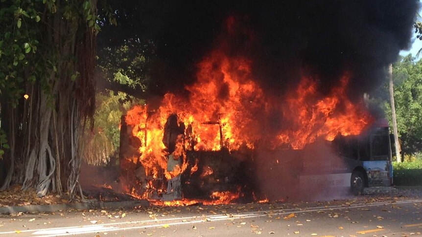 A bus bursts into flames on The Strand in Townsville