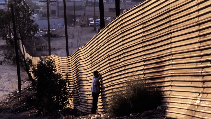 Person peering through a giant tall wall at a border