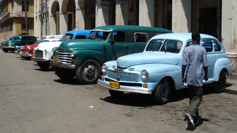 Cars lined up in Cuban capital Havana