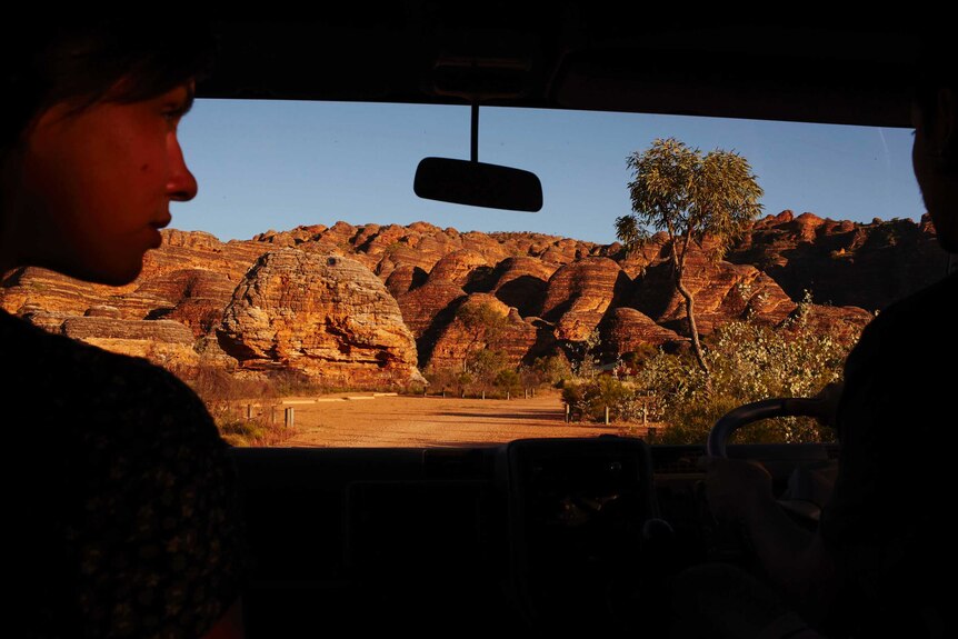Red rocks of the Bungle Bungles in the Purnululu National Park viewed from inside a vehicle