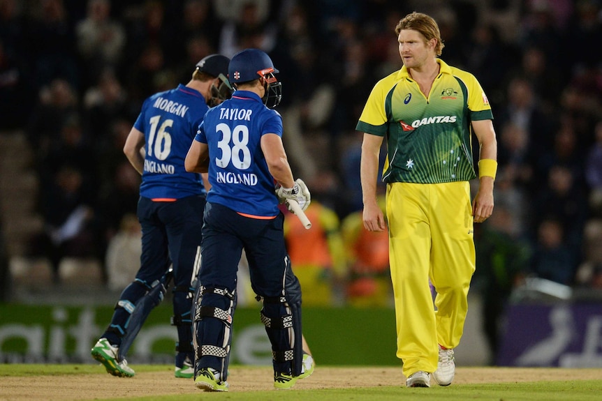Shane Watson takes James Taylor's wicket against England