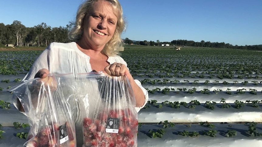 Mandy Schultz with the frozen strawberries standing in front of a field.