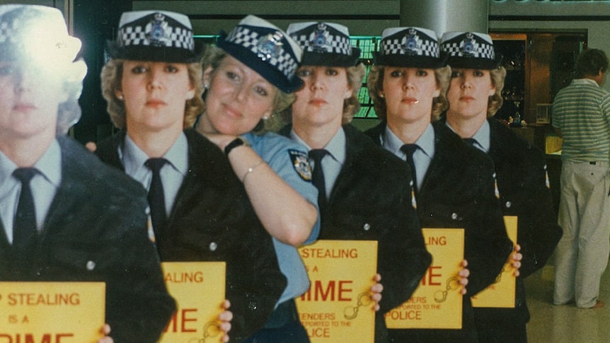 Jennifer Milligan with crime prevention cut outs in 1989.