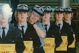 Jennifer Milligan with crime prevention cut outs in 1989.
