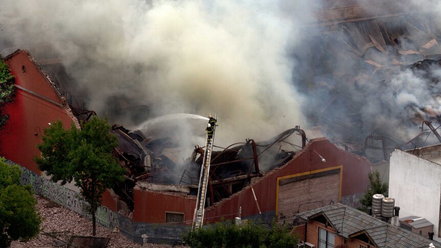 Aerial view of warehouse fire in Buenos Aires.