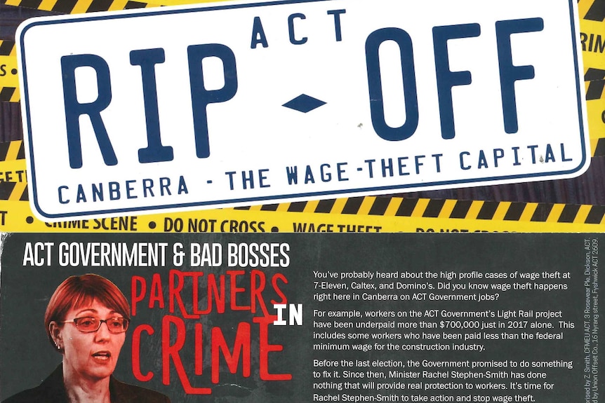 Two sides of a leaflet titled ACT RIP OFF: CANBERRA - THE WAGE-THEFT CAPITAL. One side has a picture of Rachel Stephen-Smith.