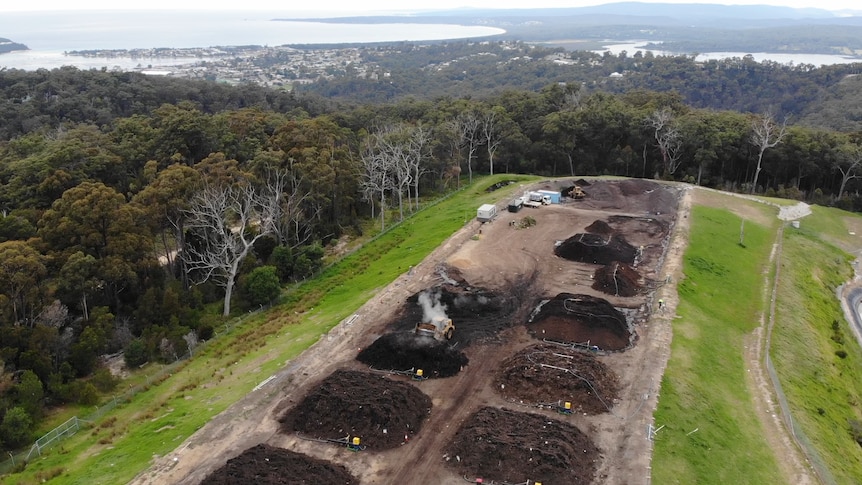 A drone shot of a composting facility near Merimbula
