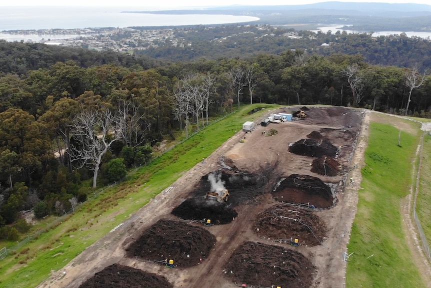 A drone shot of a composting facility near Merimbula