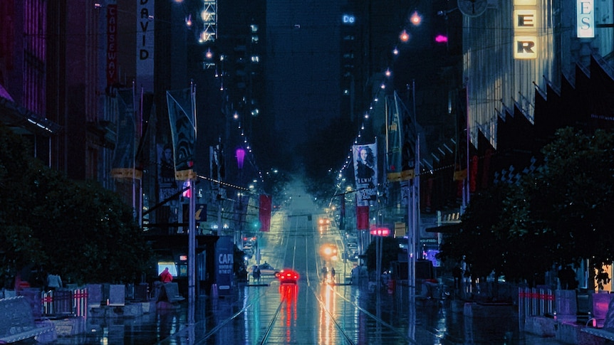 A stylised image of Bourke street mall at night with neon signs and car headlights