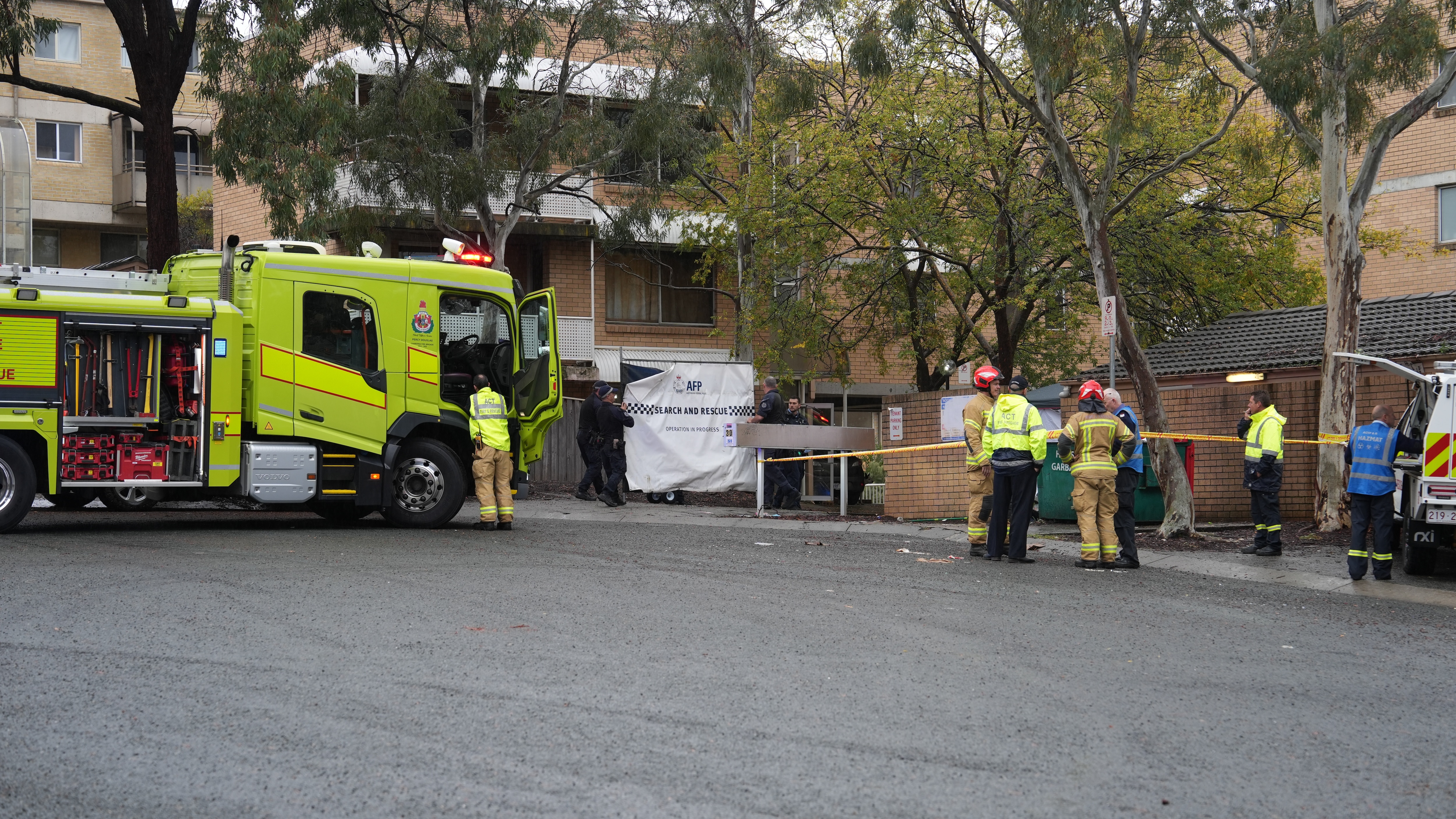 A fire truck and personnel.