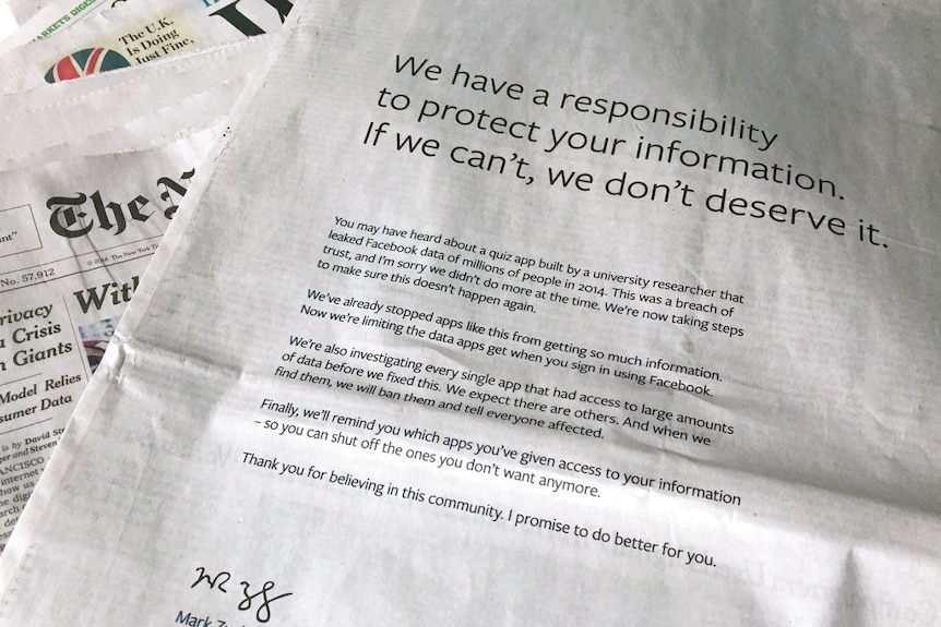 An apology advertisement reads: We have a responsibility to protect your information, if we can't we don't deserve it