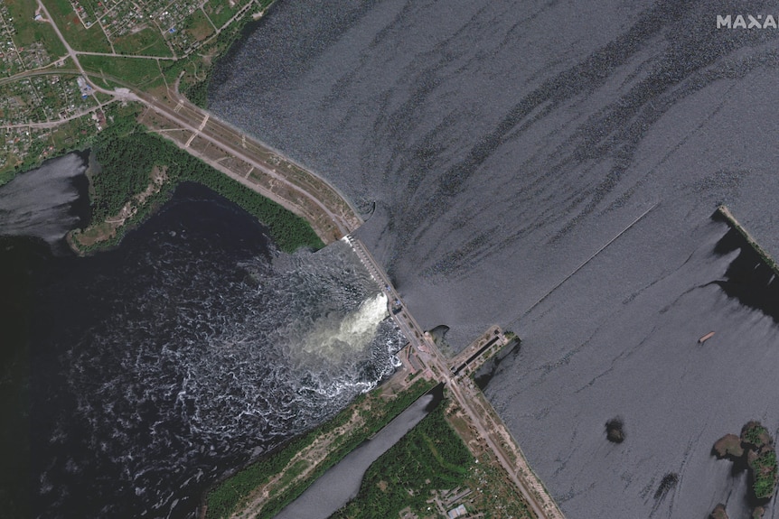A satellite image shows Nova Kakhovka Dam in Kherson.
