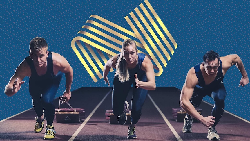 Two men and a women drag weights while running during training. AIS logo in background.