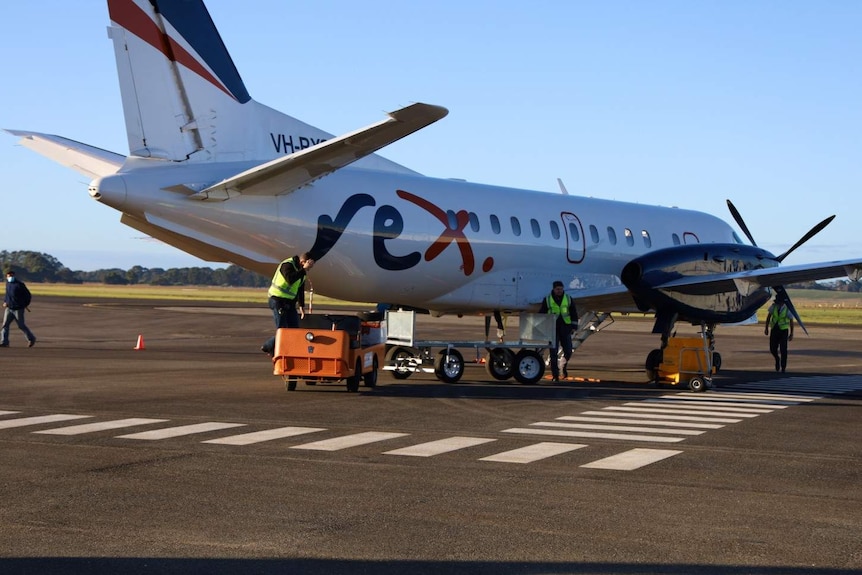 A Regional Express passenger aircraft at Mount Gambier Regional Airport after touching down from Melbourne