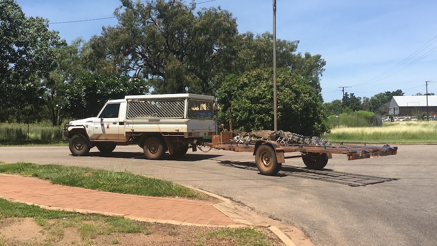 A car drives through town with a 3.92 metre crocodile strapped to the back trailer.
