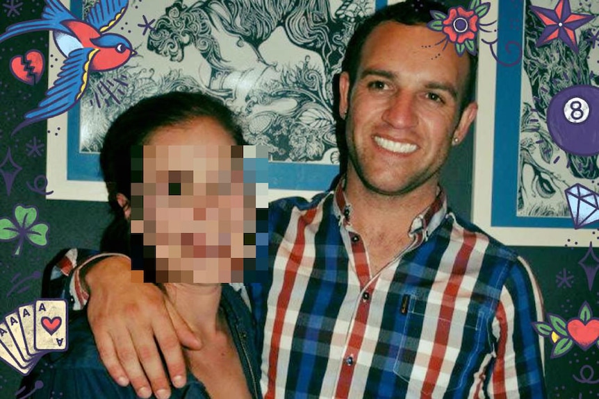 A man is seen posing with his arm around a woman. Her face is blurred.