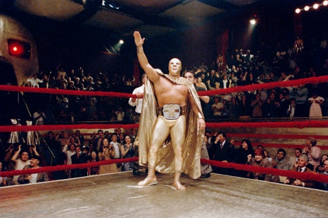 Wrestler Cesar Cuauhtemoc Gonzalez Barron waves to the crowd in the film Nacho Libre.
