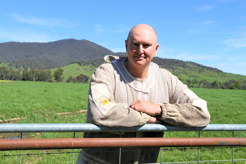 A man leans on a fence with green grass and a tree covered hill in the distance.