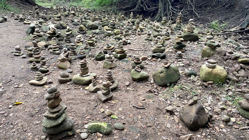 Mini towers spread across an entire creek bed on a hiking trail
