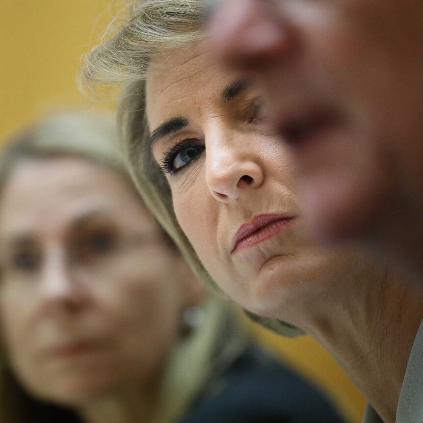 Jobs Minister Michaelia Cash in a Senate Estimates committee, partially obscured by departmental staff.