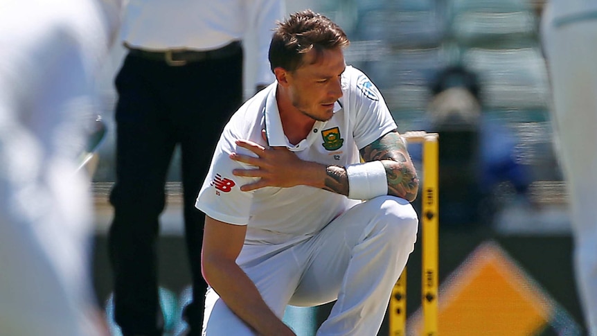 Dale Steyn clutches at his shoulder at the WACA